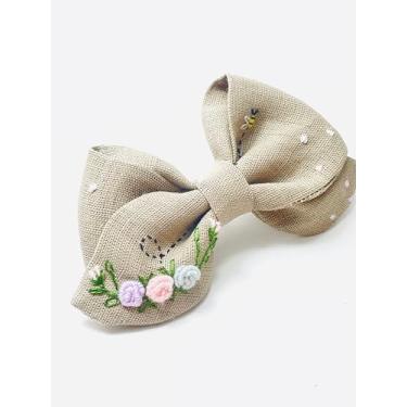 Imagem de Laço de cabelo em linho bege escuro com bordado floral lilás, rosa e azul (Bege escuro)