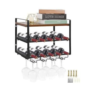 Imagem de Suporte de garrafa de vidro montado na parede prateleira suspensa metal preto, prateleiras flutuantes para parede com prateleiras de taça de vinho, prateleira de exibição de garrafa de licor de 3