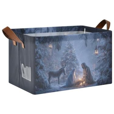 Imagem de Cesto de armazenamento de presépio de Natal Cesto de armazenamento de cubo dobrável com alças e etiqueta à prova d'água caixa organizadora dobrável grande cestas decorativas retangulares para