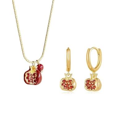 Imagem de coadipress Conjunto de 2 pares de brincos de romã para mulheres delicados banhados a ouro 18 k premium CZ incrustado vermelho romã argola brincos e colar berloque frutas joias personalizadas, Large