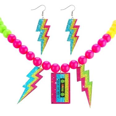 Imagem de Roupas dos anos 80, acessórios de fantasia para mulheres, colar dos anos 80, colares de contas de néon para festas brilhantes, colares com fita de relâmpago, conjunto de joias neon para mulheres