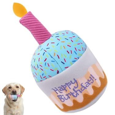 Imagem de MIRJXB Brinquedo de bolo de aniversário para cães, brinquedo de pelúcia interativo para cães mastigáveis, presente de aniversário divertido para cães com corda interativa, perfeito para festas de