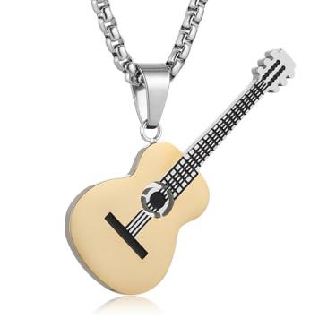 Imagem de HZMAN Colar com pingente de guitarra para amantes de música - ouro, prata e aço inoxidável preto pingente de instrumento musical presente para guitarristas, homens e mulheres, Aço inoxidável, Sem