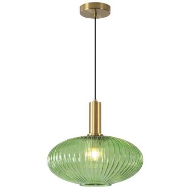 Imagem de Iluminação moderna: Luminárias pendentes douradas, Iluminação para ilha de cozinha, Luminária pendente grande com globo de vidro verde, Luminária pendente de latão para sala de jantar, Lumin