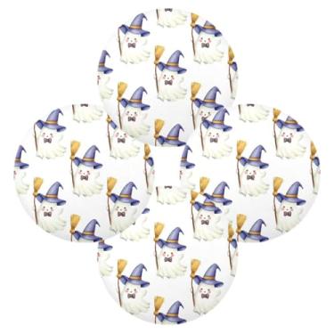 Imagem de Wassud Jogo americano conjunto de 4 Boo-boos com chapéus de feiticeiro tapetes de mesa redondos para cozinha e jantar tapetes laváveis resistentes ao calor para decoração de mesa 39 cm