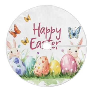 Imagem de Qilmy Saia de árvore de Natal de coelhinho da Páscoa e ovo, 90 cm, camurça para árvore de Natal, adequada para decoração de armário em ambientes internos e externos, festas, escritórios, lojas