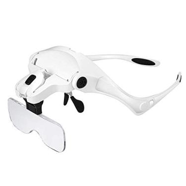 Imagem de uhyOHF Lupa de cabeça com 2 luzes LED, zoom de 1x a 3,5x com 5 lentes destacáveis, lupa iluminada montada na cabeça, mãos livres para leitura, lupa de joias, relógio e eleição (