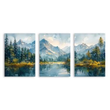 Imagem de Impressão em tela de montanha em aquarela com cenário do Colorado - pôster de floresta do lago arte de parede de paisagem moderna para sala de estar quarto decoração de escritório (SKU2-3 peças, 40,6