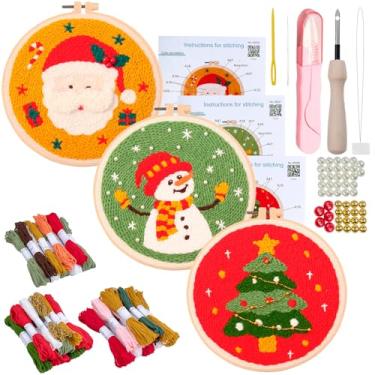 Imagem de Peotclola Kits de agulhas de soco de Natal para iniciantes, 3 peças, boneco de neve de Papai Noel, agulha de punção de árvore de Natal, bordado para iniciantes, fácil para adultos, presentes de Natal