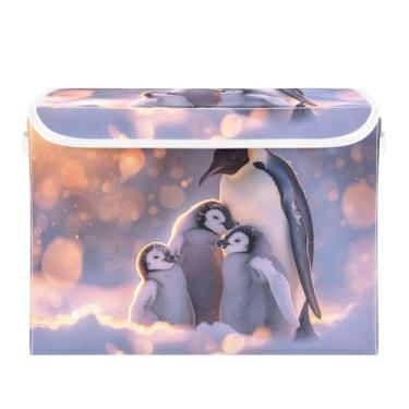 Imagem de CEBUGI Caixotes de armazenamento com tampas, caixa de armazenamento de tecido dobrável, compartimentos organizadores de cubo da família do pinguim para prateleiras de armário de casa e quarto, 40 x 30