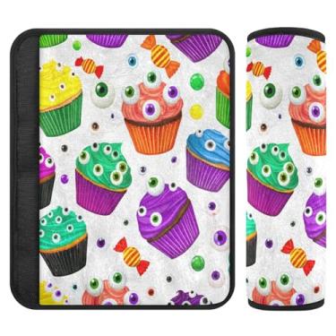 Imagem de Burbuja Capa para cinto de segurança de carro Cupcakes coloridos de Halloween, macio, confortável, protetor de cinto de segurança para alça de ombro de assento, 1 par pequeno