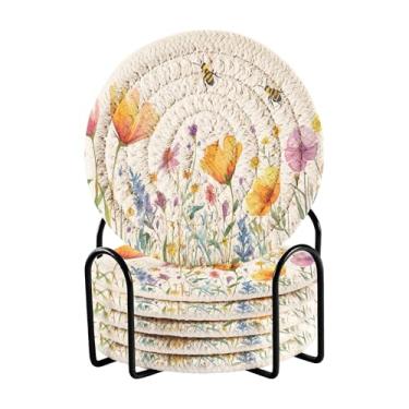 Imagem de SEHANY Elegante conjunto de 6 porta-copos de flores de borboleta com suporte, porta-copos redondos absorventes de algodão resistente ao calor para mesa de jantar, canecas de café, 10 cm