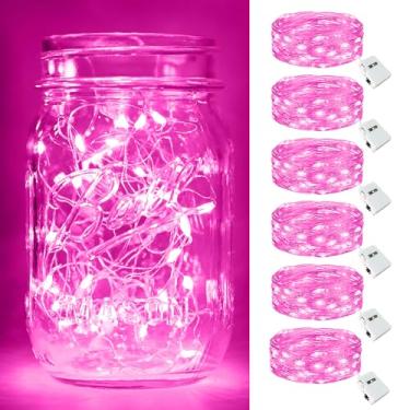 Imagem de btfarm Pacote com 6 luzes de fadas operadas por bateria [3 modos], 20 metros, 20 luzes LED rosa cintilantes, à prova d'água, mini luz de Natal do dia dos namorados para vasos de pedreiro, mesa de