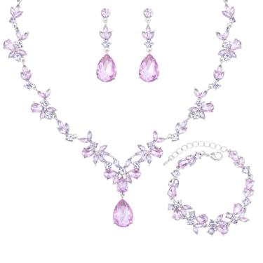 Imagem de chaoyite Conjunto de joias de casamento para mulheres, colar floral para noivas, brincos e pulseiras, acessórios de fantasia de festa de formatura de cristal para noiva #0015, 42, Liga de cobre