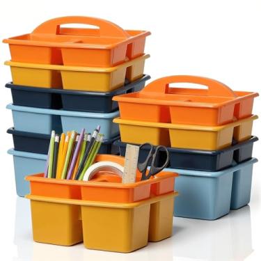 Imagem de Kathfly Pacote com 12 organizadores com alça, armazenamento empilhável para organização, cesta de plástico pequena para sala de aula, mesa, escritório, lápis, sala de crianças, artesanato, professores