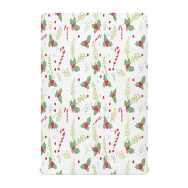 Imagem de Qilmy Lençóis de berço de Natal com estampa de folhas de azevinho, macio e respirável, de microfibra elástica, lençol com elástico para meninos e meninas, miniberço, 132 x 71 cm, capa de colchão
