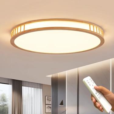 Imagem de Luminária de teto LED com acabamento em madeira, dimerizável, redonda e plana, estilo nórdico, ideal para sala de estar, quarto, cozinha, restaurante, corredor, iluminação interna de 60 cm.
