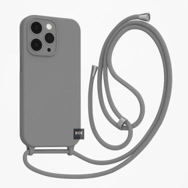 Imagem de Capa Case Capinha Para iPhone 14 Pro Max Silicone Com Cordão Alça De Pescoço Ajustável Veludo Premium (CINZA)
