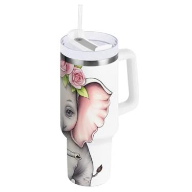 Imagem de ODAWA Copo de água grande e fofo de rosas de elefante com tampa e canudo, copo isolado de aço inoxidável com tampa 2 em 1