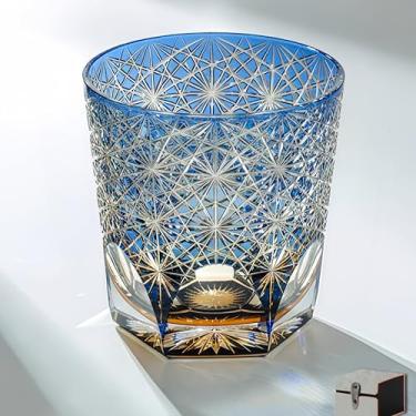 Imagem de suigetsu Copo de uísque de cristal cortado à mão estilo Edo, 283 g, padrão geométrico azul, copo de coquetel com caixa de presente (xuange)