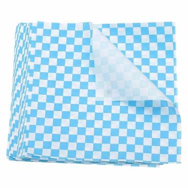 Imagem de HARFINGTON 300 folhas de papel de cera padrão quadriculado quadrado 23 x 23 cm, papel de embrulho seco absorvente de óleo para sanduíche, forros, cesta de piquenique, pão, hambúrguer, azul