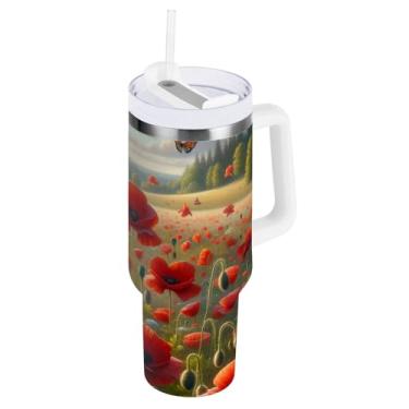 Imagem de ODAWA Copo de isolamento duplo grande com alça e canudo, copos isolados de viagem vermelho Poppy Field
