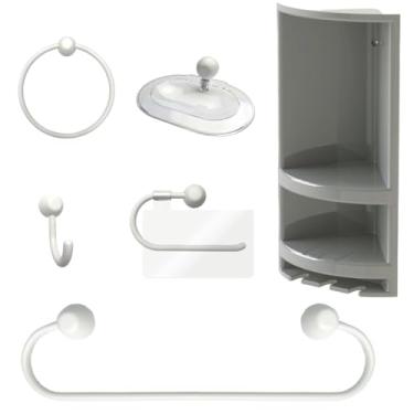 Imagem de Suporte de Canto Cantoneira Porta Shampoo Cinza + Kit Para Banheiro Redondo 5 Pçs Branco