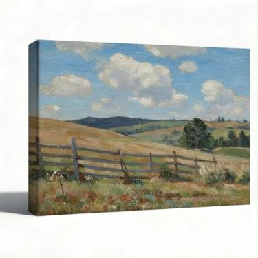 Imagem de Arte de parede em tela de paisagem de colinas pastorais, impressão de pintura a óleo nuvens de céu azul, decoração de parede moderna de casa de fazenda para sala de estar quarto escritório, pronto