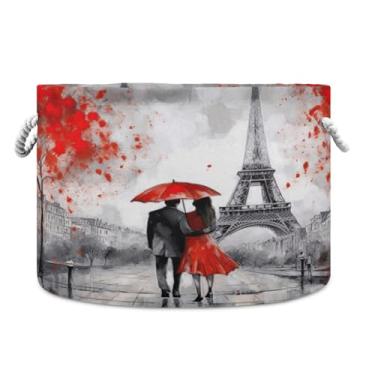 Imagem de Wassud Cestas de armazenamento redondas de tecido de lona da Torre Eiffel com alças, caixas de armazenamento de animais de pelúcia cesta de lavanderia para roupas cobertores de toalha, 50 x 35 cm