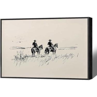 Imagem de Pôster Vintage Lone Cowboy Duo Line Two Cowboys On Horseback Sparse Grass Detail Landscape Canvas Wall Art Western Prints Painting For Home Bedroom Dorm Wall Decor 20.3x25.4 cm Emoldurado