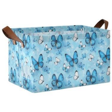 Imagem de Cesto de armazenamento de cobertor dobrável com alças, 43 x 29 x 25 cm, organizador de prateleiras, azul, branco, borboletas, 1 pacote