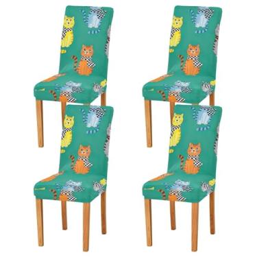 Imagem de ODAWA Conjunto de 2 capas de cadeira de jantar verdes com desenho de gatos, elastano Parsons para casa, restaurante, banquete