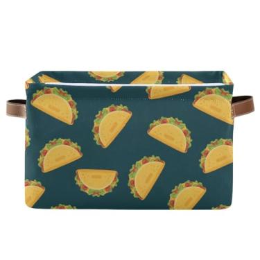 Imagem de Recipientes de armazenamento retangulares dobráveis – cestas decorativas de tecido de lona para banheiro, roupas, lindos desenhos animados, tacos azul-petróleo, 1 pacote