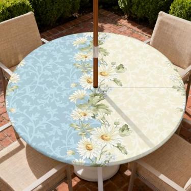 Imagem de COTAIL Toalha de mesa redonda para uso ao ar livre com zíper e orifício para guarda-chuva, toalha de mesa elástica à prova d'água a óleo para pátio, piquenique, acampamento, jardim, serve para mesa