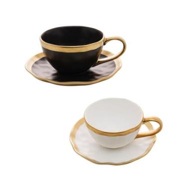Imagem de Kit De Xícaras De Chá Em Porcelana Branca Preta Com Dourado - 2 Peças 