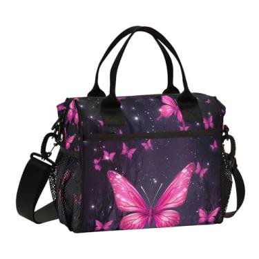 Imagem de GAIGEO Lancheira com isolamento de céu estrelado com borboletas cor-de-rosa com alças, lancheiras médias para mulheres, lancheiras térmicas para mulheres, M