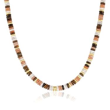 Imagem de KissYan Colar gargantilha feminina com contas boêmias, colar de pedras naturais, pérola de água doce, surfista, banhado a ouro 14K, joia artesanal de verão e praia, Cobre, Olhos de tigre