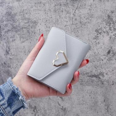 Imagem de Carteira feminina de couro genuíno com dobra dupla/tripla - Suporte minimalista para cartão de crédito com bloqueio de RFID e bolso para moedas, Cinza, Casual