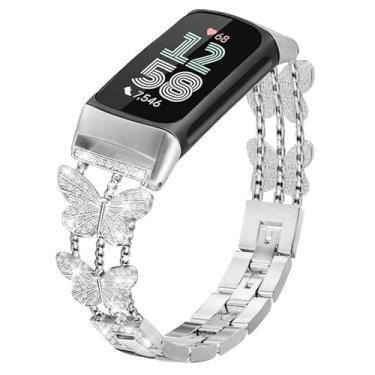 Imagem de Alociaga Pulseira de metal brilhante compatível com Fitbit Charge 6/Charge 5 para mulheres, elegante pulseira de relógio para Fitbit Charge 6, monitor de fitness e saúde