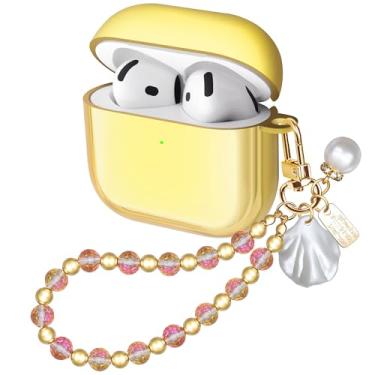 Imagem de Ucharmbead Compatível com AirPods 4 Capa protetora feminina dourada com glitter para Air Pods 4ª geração com pulseira de luxo chaveiro para mulheres e meninas (rosa)