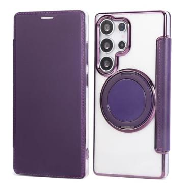 Imagem de Capa carteira para Samsung Galaxy S24 Ultra com 3 compartimentos para cartão, bloqueio RFID, suporte de anel giratório de 360° e compatibilidade magnética, capa traseira transparente à prova de choque