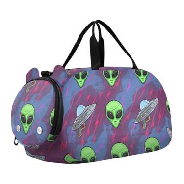 Imagem de Bolsa esportiva para meninos de fim de semana para noite com caras fofas de coala, amarelo claro, bolsas de viagem para meninas, compartimento para sapatos, Cabeças alienígenas verdes azul roxo