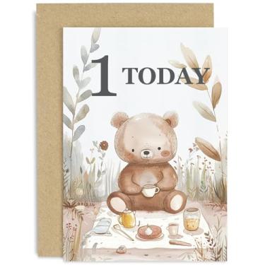 Imagem de Old English Co. Cartão de 1º aniversário para menino ou menina - Urso de pelúcia piquenique unissex 1 ano de idade presente de aniversário para ele ela - Para filho, filha, neto, neta | Em branco por
