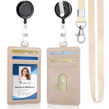 Imagem de Teskyer Porta-crachá de couro PU com cordão e 1 carretel retrátil, 4 compartimentos atualizados para cartões de identificação para funcionários da escola de escritório, crachás de identificação - bege