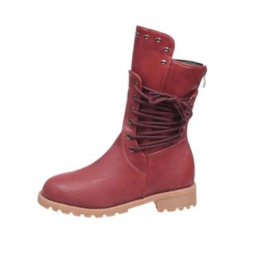 Imagem de Botas femininas plus size até o meio da panturrilha com detalhe de cadarço nas costas para um visual elegante de outono e inverno, Vermelho, 36