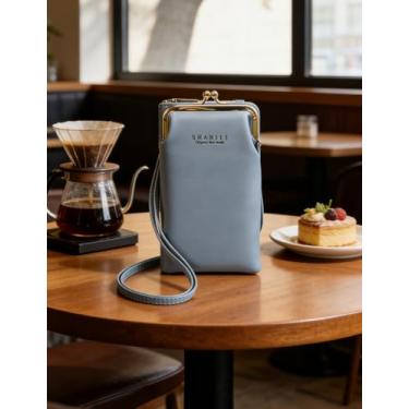 Imagem de Bolsa feminina com fecho de couro azul claro, bolsa transversal para celular com zíper para cartões e porta-moedas