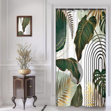 Imagem de Cinbloo Cortina de chuveiro verde Boho 36Wx72H pequena tenda meados do século moderno abstrato tropical ouro monstera folha de palmeira planta minimalista neutro conjunto de cortina de banheiro