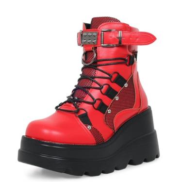 Imagem de Gothniero Botas de cano curto góticas femininas pretas holográficas de combate com salto grosso com zíper lateral e cadarço botas de cunha EUA 5,5-11, Vermelho quente 32, 10 US