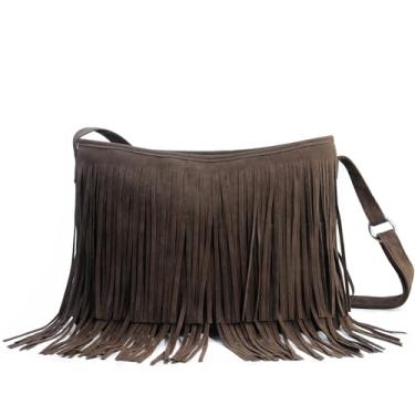 Imagem de HOXIS Bolsa tiracolo feminina de couro de camurça sintética com borla, Café, Tassel Cross Body