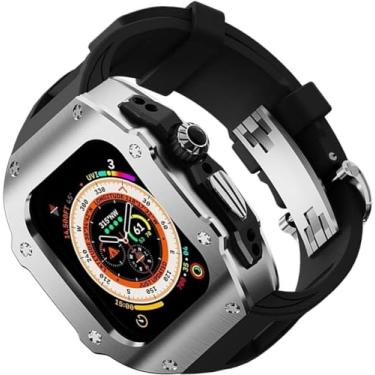 Imagem de GANYUU Pulseira de borracha flúor com bisel de aço inoxidável, para Apple Watch Series Ultra 2 de 49 mm, capa de relógio com bisel de metal, pulseira e fecho borboleta acessórios (C)